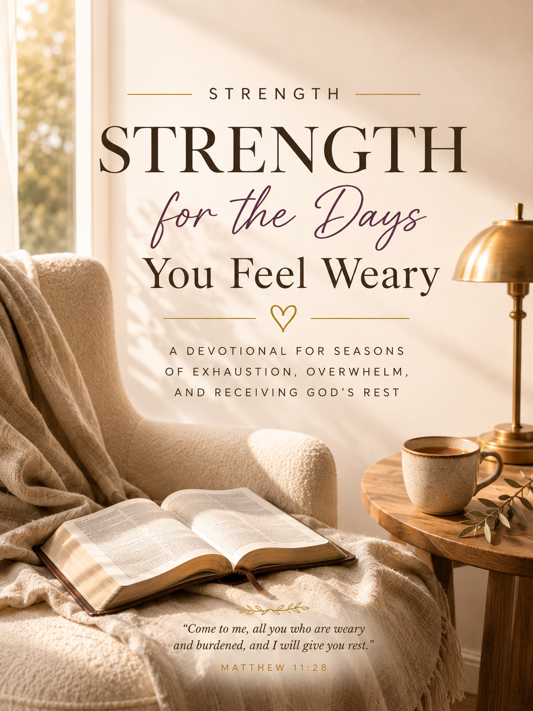 An open Bible on a cozy beige armchair with a blanket, next to a wooden side table with a cup of coffee and a gold lamp, set in a warmly lit room. Overlay text reads: 'Strength for the Days You Feel Weary,' a devotional with a Bible verse from Matthew 11:28.