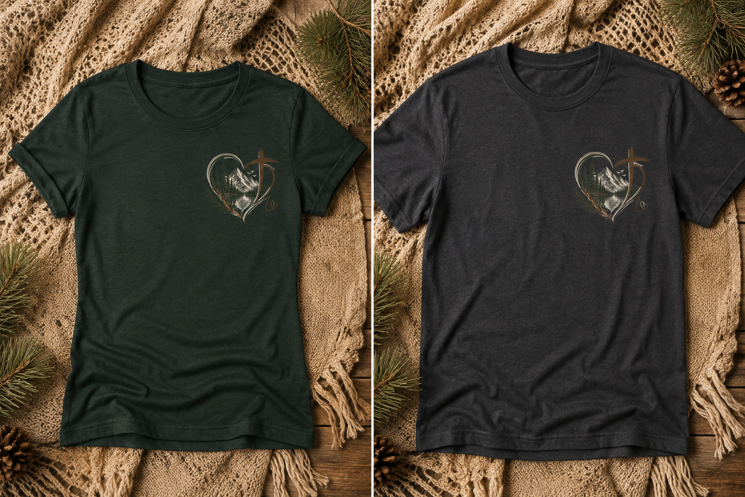 Two T-shirts, one dark green and one charcoal gray, laid flat on a lace and wooden background with pine cones and greenery. Both T-shirts feature a mountain landscape inside a heart outline with a small heart detail.