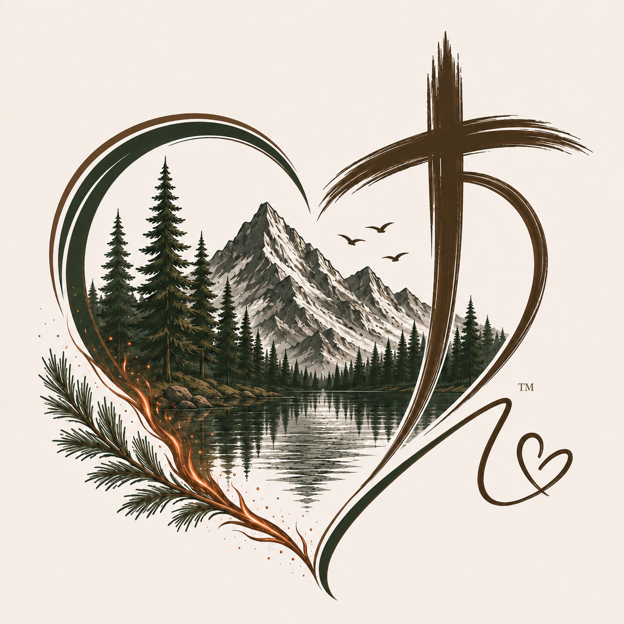 A stylized heart shape with a nature scene inside, including pine trees, mountains, a lake, and three flying birds, with various graphic elements around and within the heart.