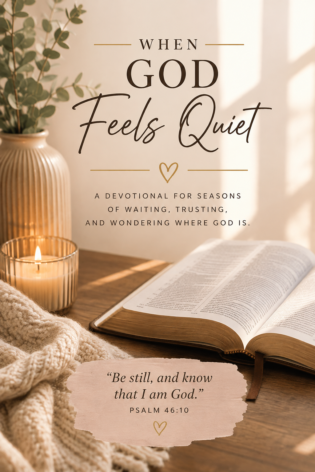 Decorative devotional book cover titled "When God Feels Quiet", with a lit candle, open Bible, knitted blanket, and a potted plant on a wooden table, illuminated by soft natural light.