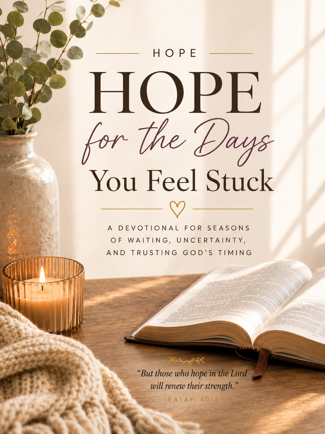 A devotional book titled "Hope for the Days You Feel Stuck" on a wooden table next to an open Bible, a lit candle in a glass holder, a cream-colored knitted blanket, a potted plant, and a quote from Isaiah 40:31. The background is softly lit with natural sunlight.
