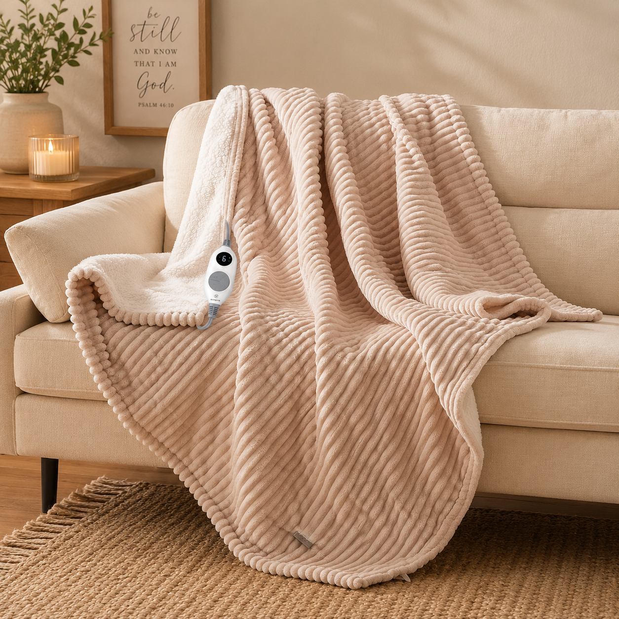 A beige sofa with a textured, pink blanket draped over the back and seat. An electric heating pad is placed on the blanket, with its control in view showing the number 6. A small wooden side table nearby holds a lit candle in a glass holder and a potted plant. In the background, a framed quote on the wall reads, 'be still and know that I am God.'
