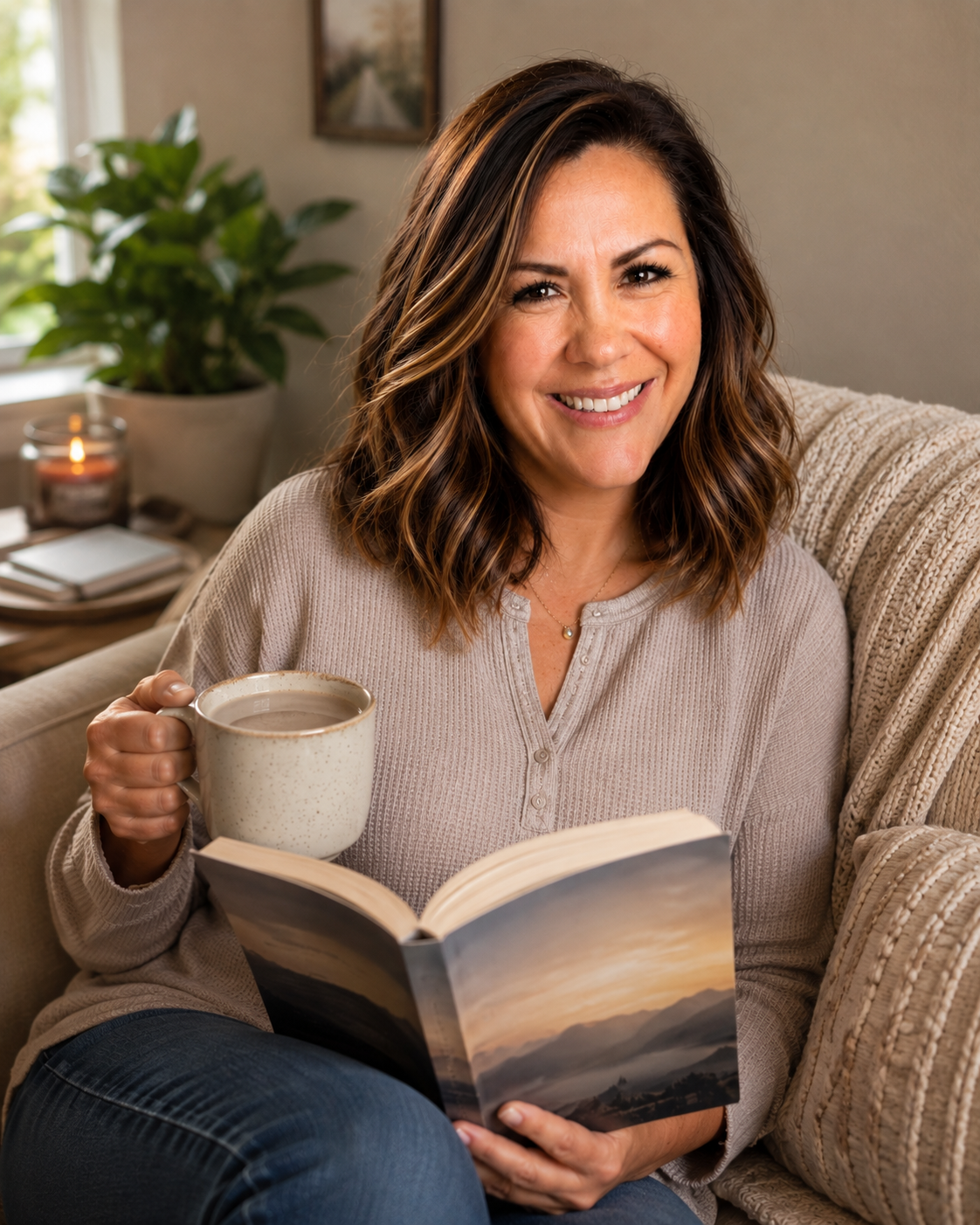A woman sitting on a beige couch holding a mug in one hand and a book in the other, with a plant and a lit candle on a side table in a cozy living room.