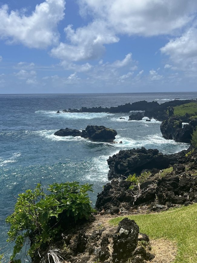 A coastal scene with rocky cliffs, blue ocean water, and a partly cloudy sky.