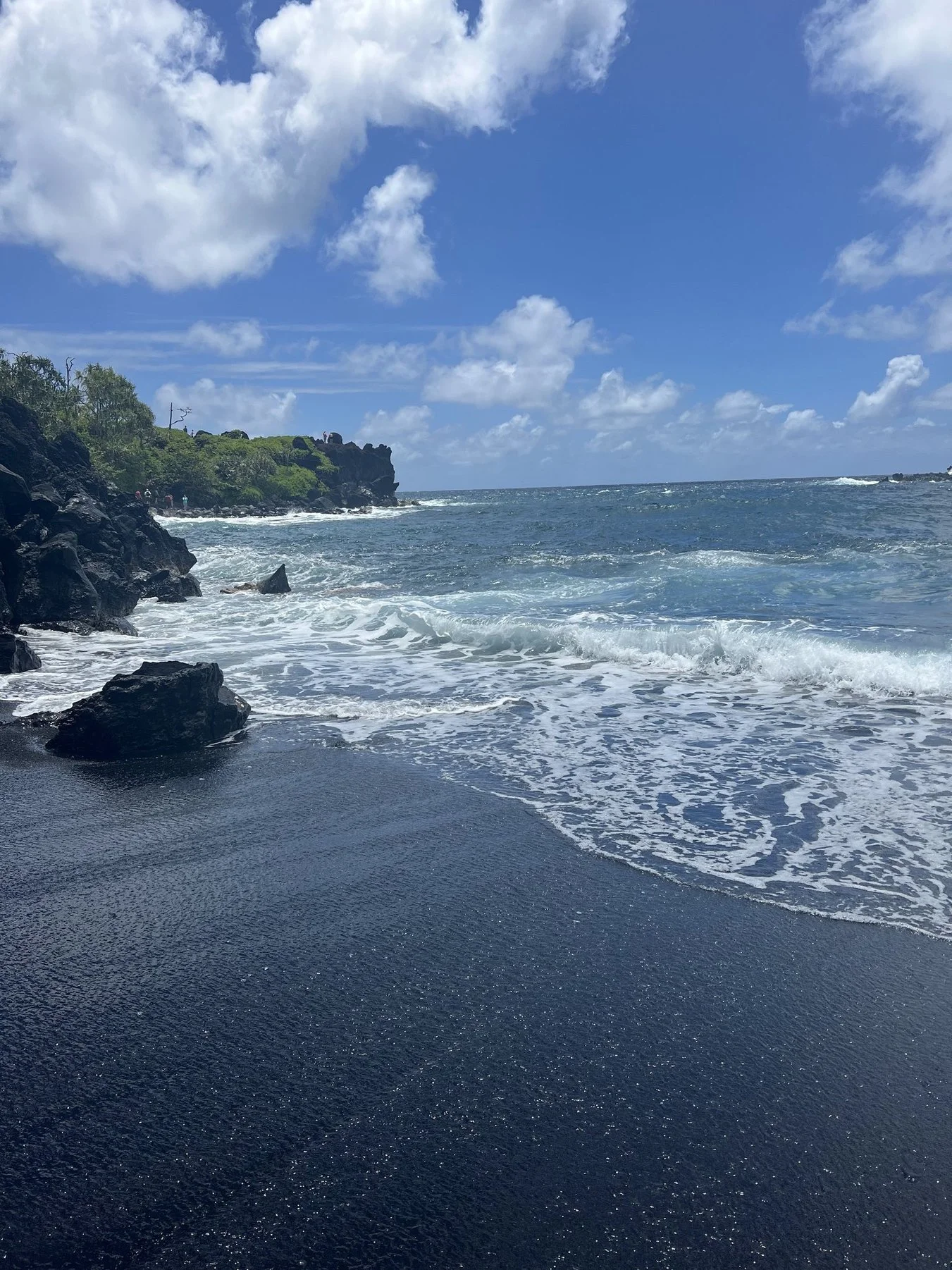 A coastal scene with a rocky shoreline, blue ocean waves, and a partly cloudy sky.