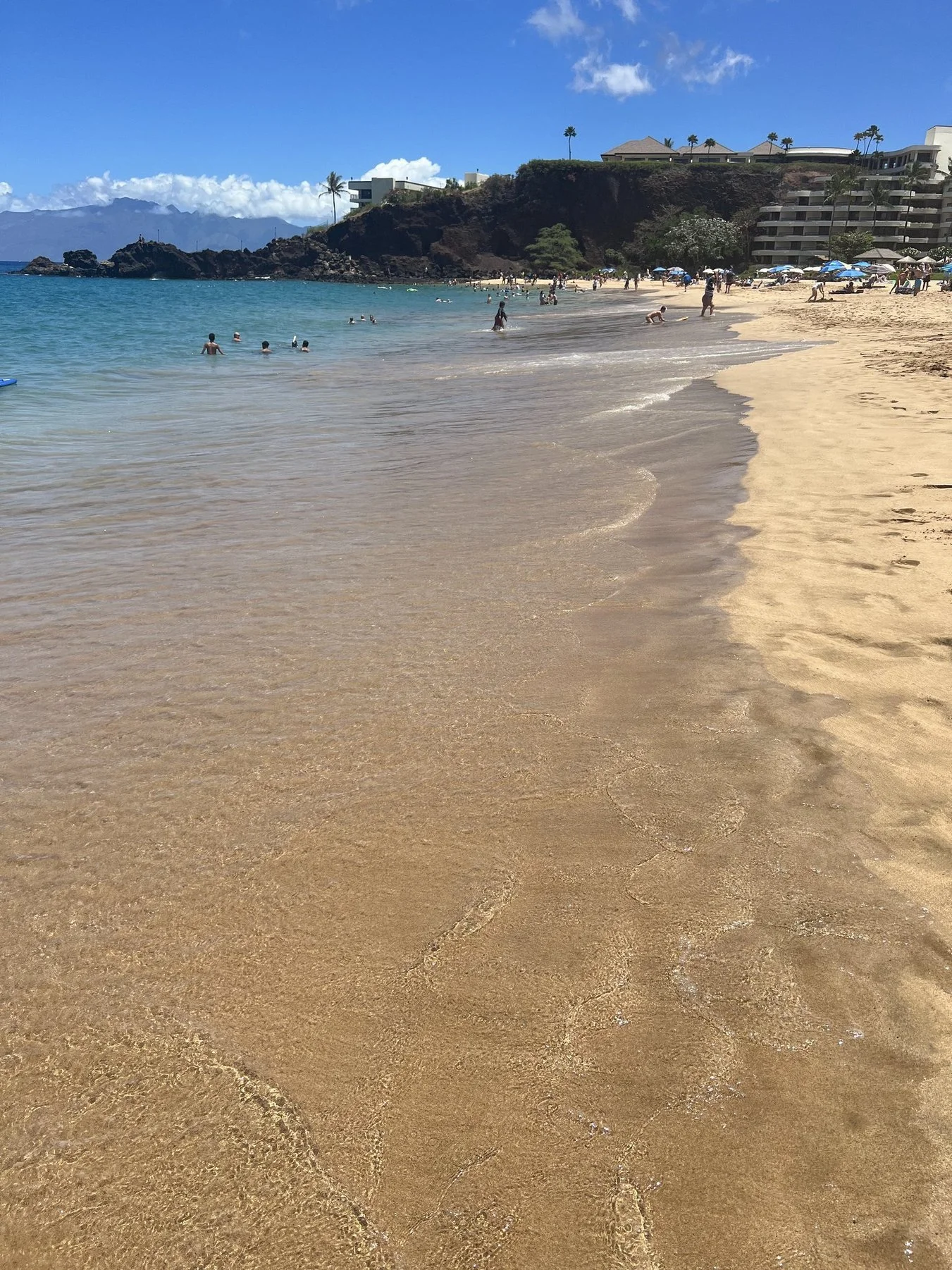 A tropical beach with golden sand and turquoise water, with people swimming and playing in the ocean, and umbrellas providing shade on the shore. Buildings and palm trees are visible on a hill in the background.