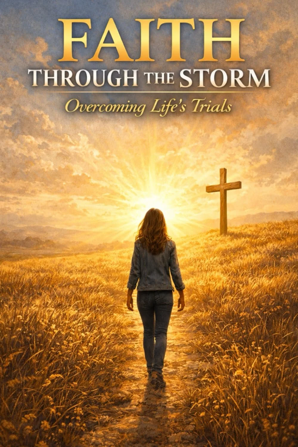 Book cover titled 'Faith Through the Storm: Overcoming Life's Trials' showing a woman walking on a dirt path towards a cross, with a bright sunrise in the background over a golden field.