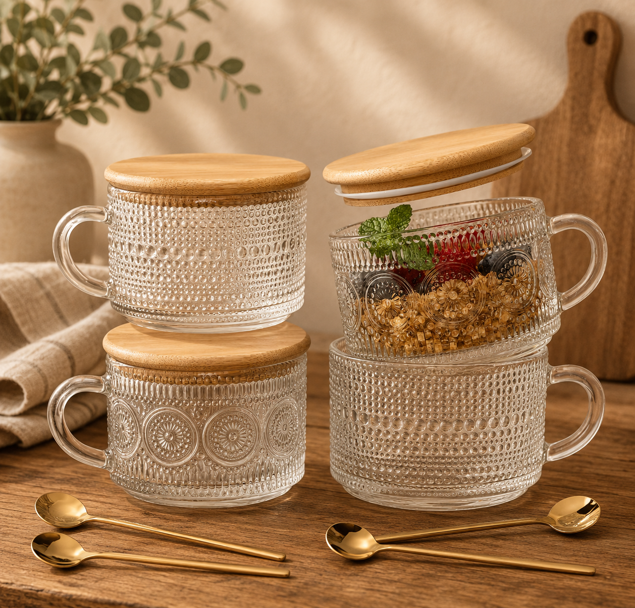 Set of four textured glass mugs with wooden lids, stacked in two stacks, with one mug containing a sprig of mint and mixed berries, on a wooden table with gold spoons, a cloth, and a potted plant in the background.