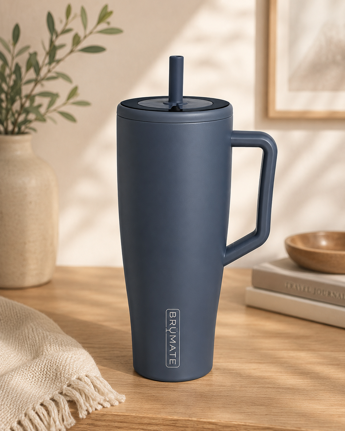 A blue travel mug with a handle and a lid, placed on a wooden surface. In the background, there is a beige vase with green leaves, a stack of books, a wooden bowl, and framed artwork.