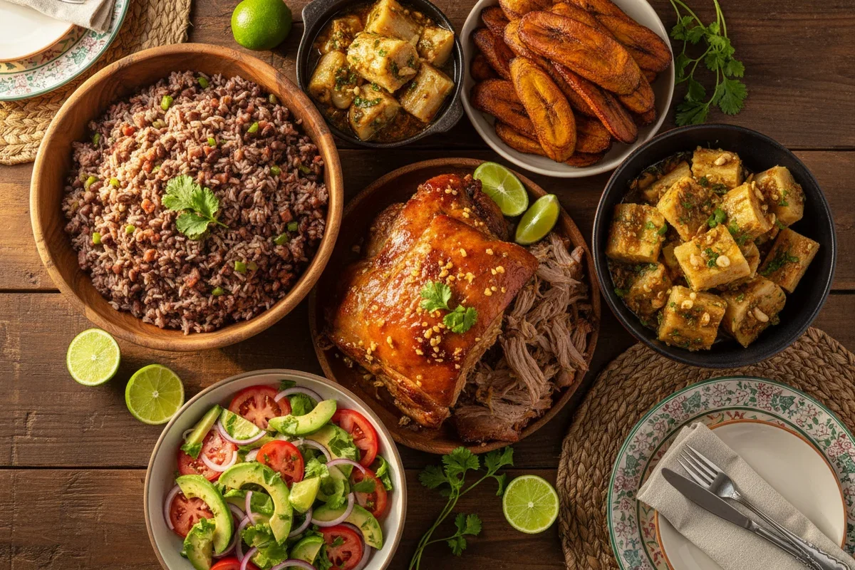 A spread of Tex-Mex food including black beans and rice, roasted plantains, rolled fajitas, beef and pork with lime wedges, and a fresh tomato and cucumber salad, set on a wooden table with decorative plates, cutlery, and lime slices.