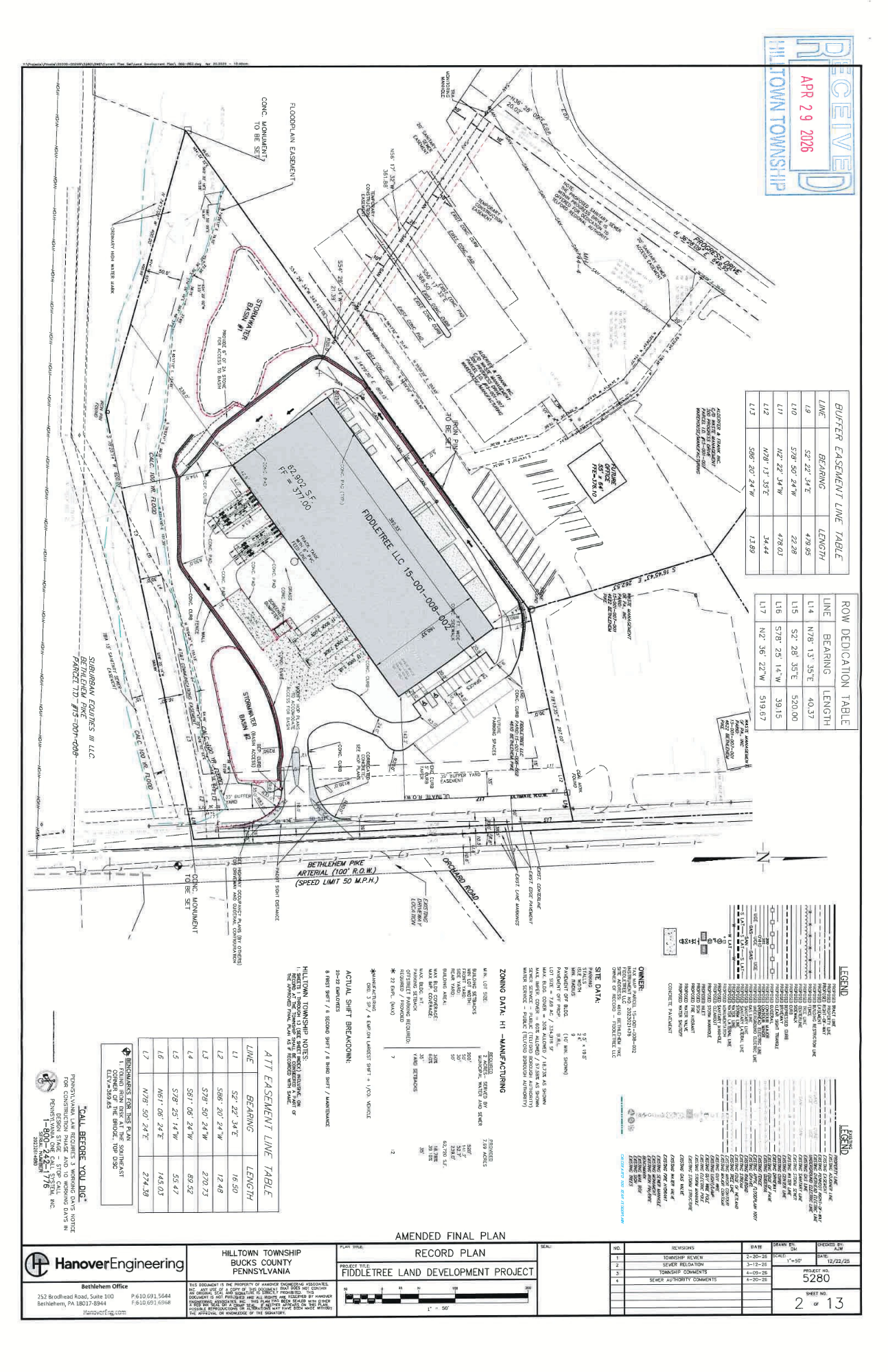 Detailed engineering record plan for a land development project in Bethlehem, Pennsylvania, showing property boundaries, building layouts, roads, parking areas, water features, and construction notes.