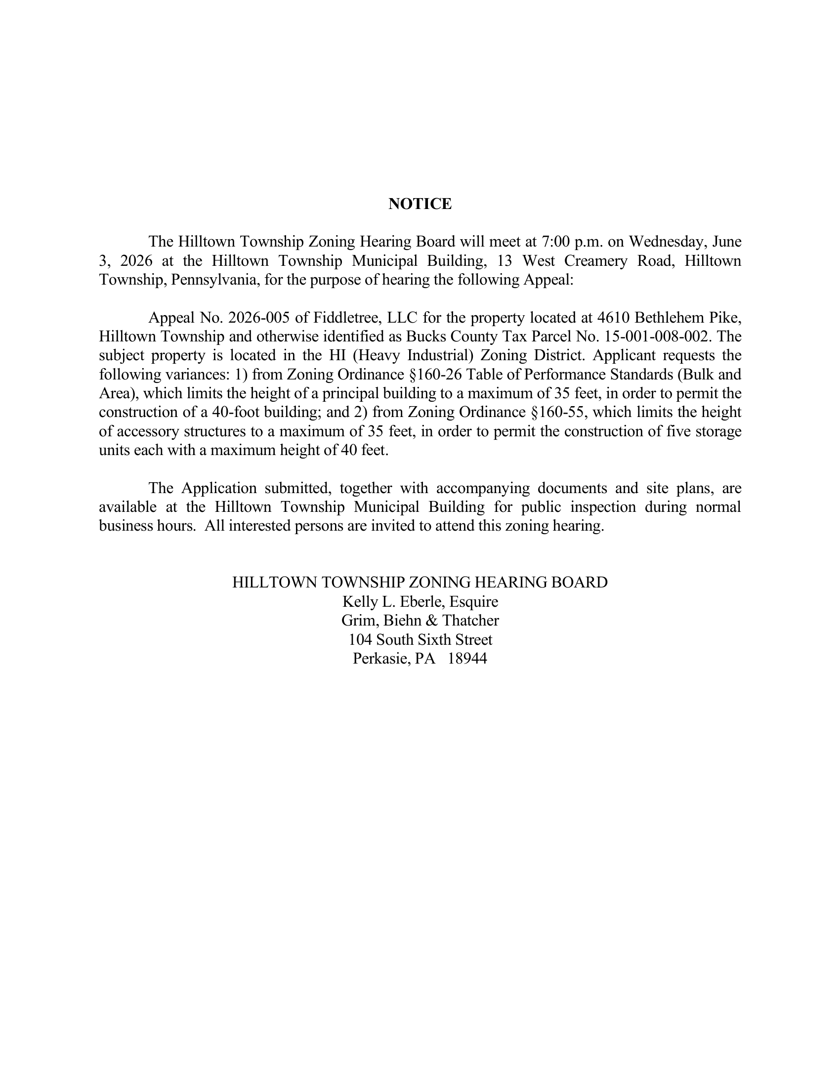 A printed notice about a township zoning hearing meeting scheduled for June 3, 2026, at 7:00 pm at the Hilltown Township Municipal Building, with details about property and zoning requests, followed by contact information for the zoning hearing board.