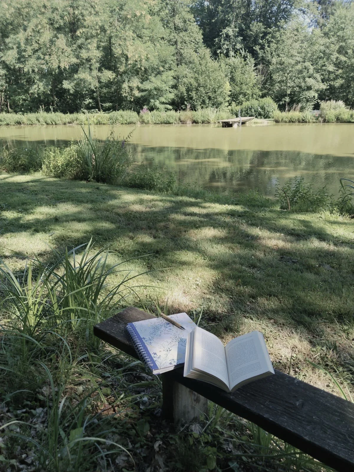 Auf einer Bank vor einem Teich im Park liegen ein offenes Buch, eine Spiralnotiz und ein Stift, umgeben von Gras und Pflanzen, mit Bäumen im Hintergrund.