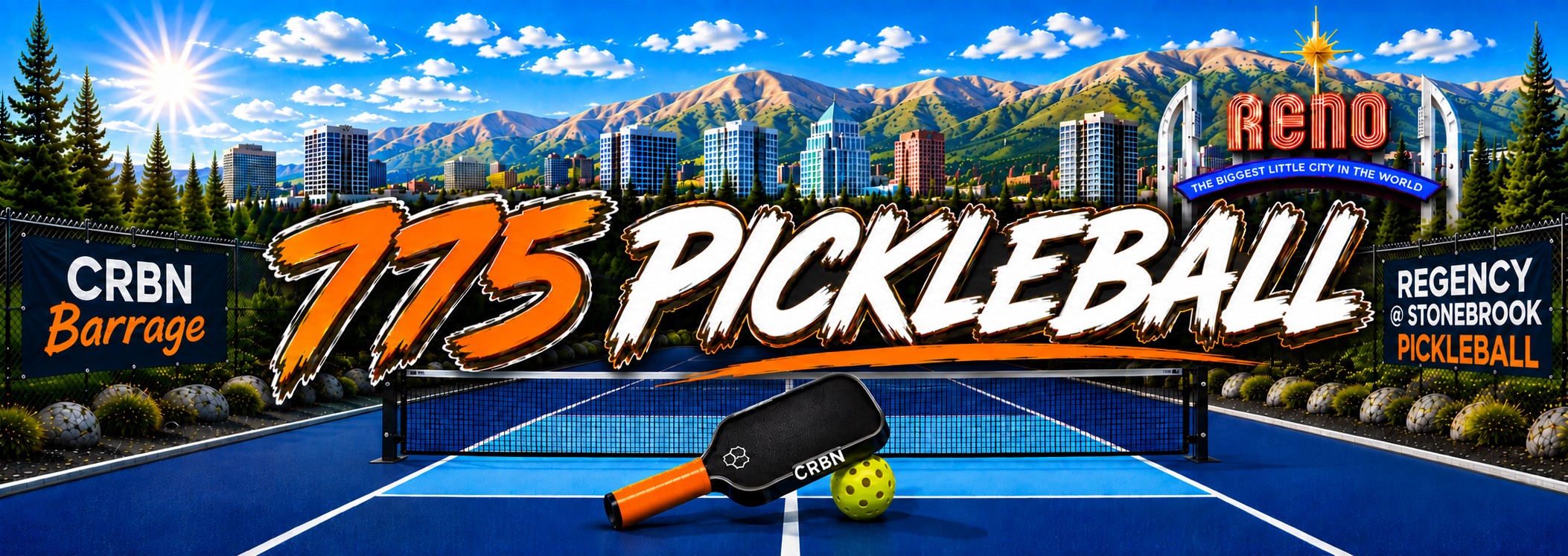 Digital illustration of a pickleball court with a city skyline and mountains in the background. Text on the image reads '115 PICKLEBALL', 'CRBN Barrage', 'RENO THE BIGGEST LITTLE CITY IN THE WORLD', and 'REGENCY @ STONEBROOK PICKLEBALL'. There is a paddle and a ball on the court.