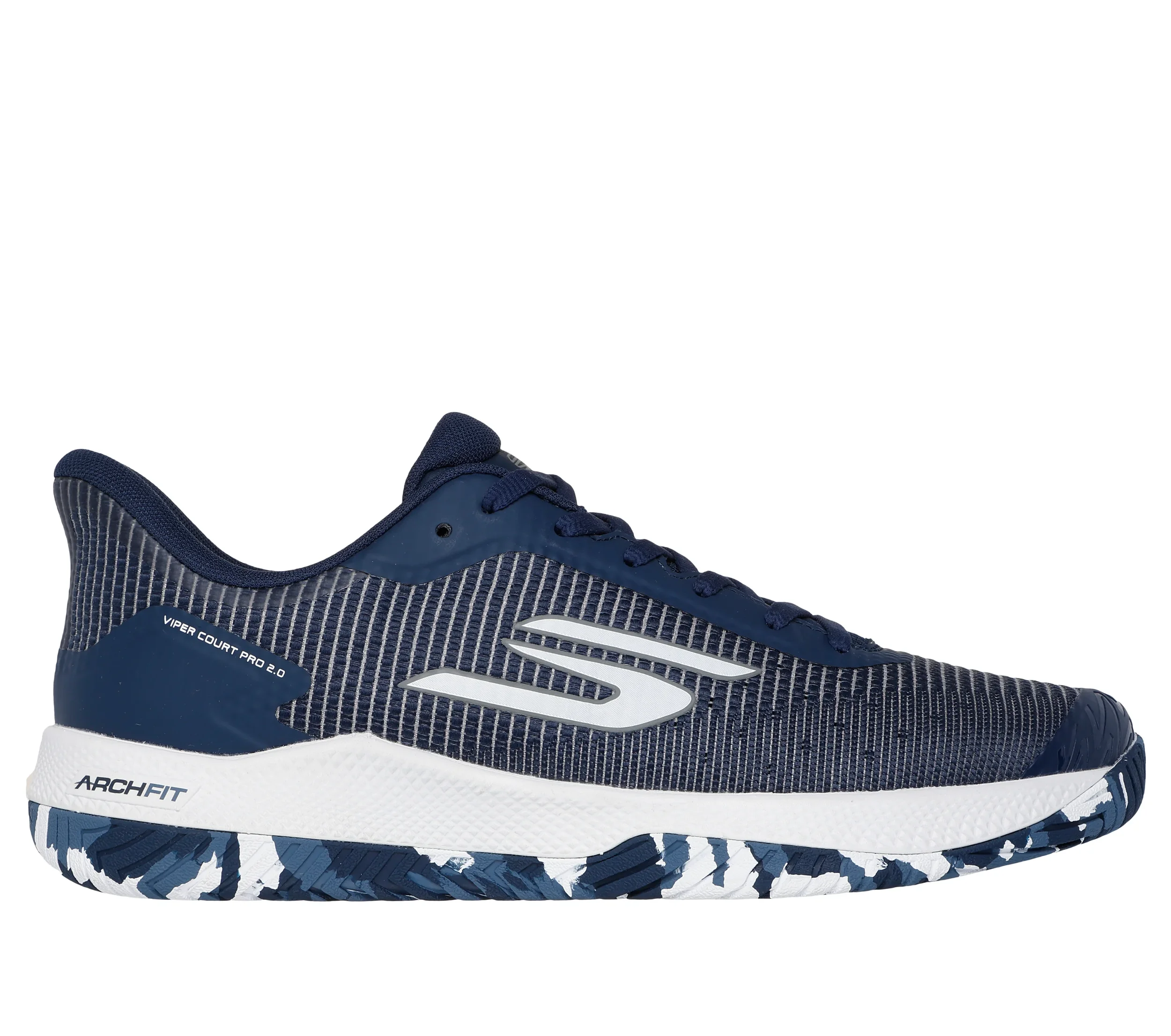 Close-up of a blue and gray athletic shoe with white accents, featuring design details and the text 'Viper Court Pro 2.0' on the side.