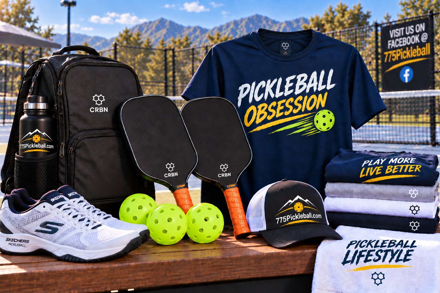 Pickleball equipment on a court, including a backback, two pickleball paddles, a cap, three bright green pickleballs, athletic shoes, folded shirts with slogans 'Play More Live Better' and 'Pickleball Lifestyle,' and a water bottle with a mountain logo. In the background are mountains and a sign promoting a Facebook page.