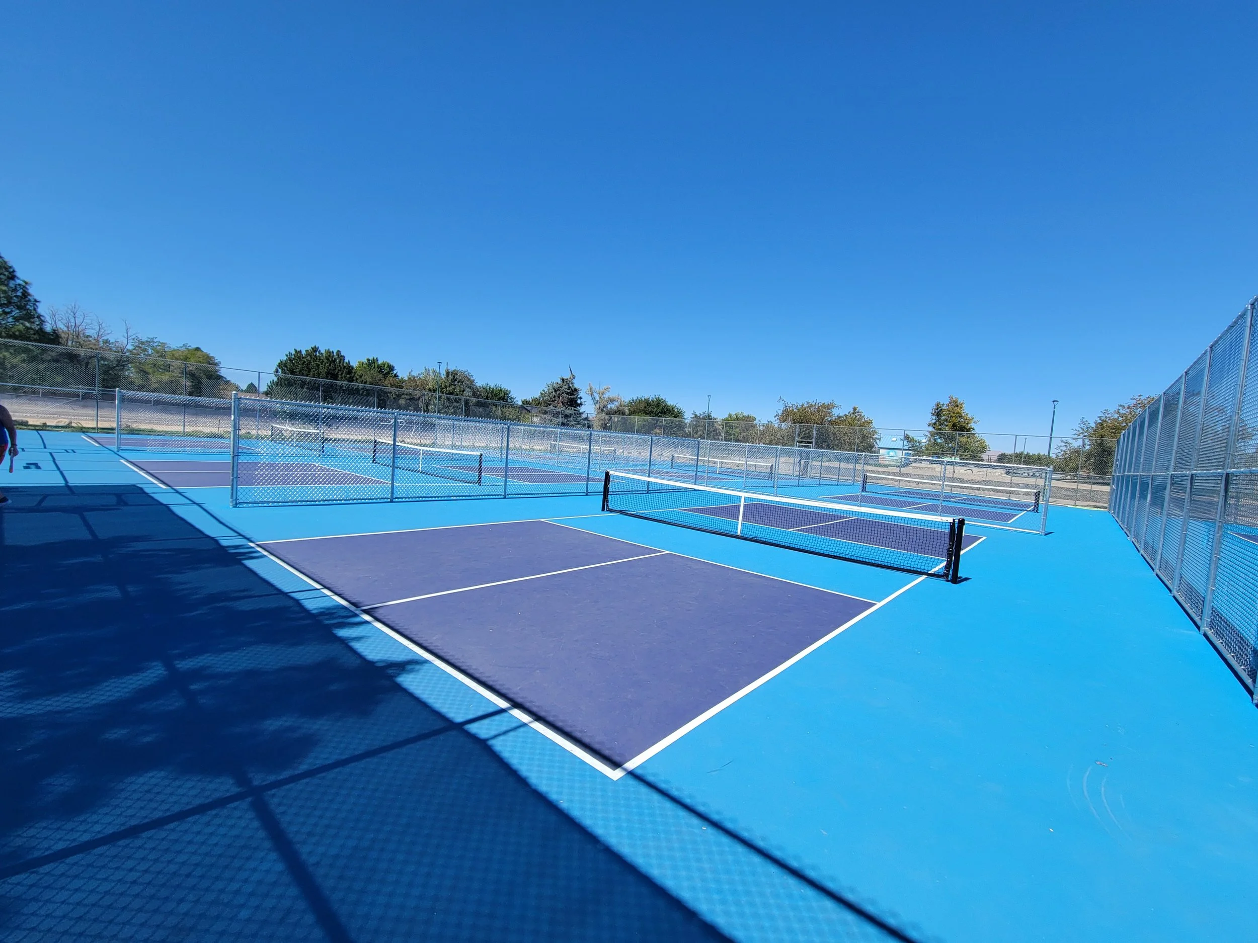 Mira Loma pickleball courts with blue surface and white lines, surrounded by chain-link fencing, under a clear blue sky.