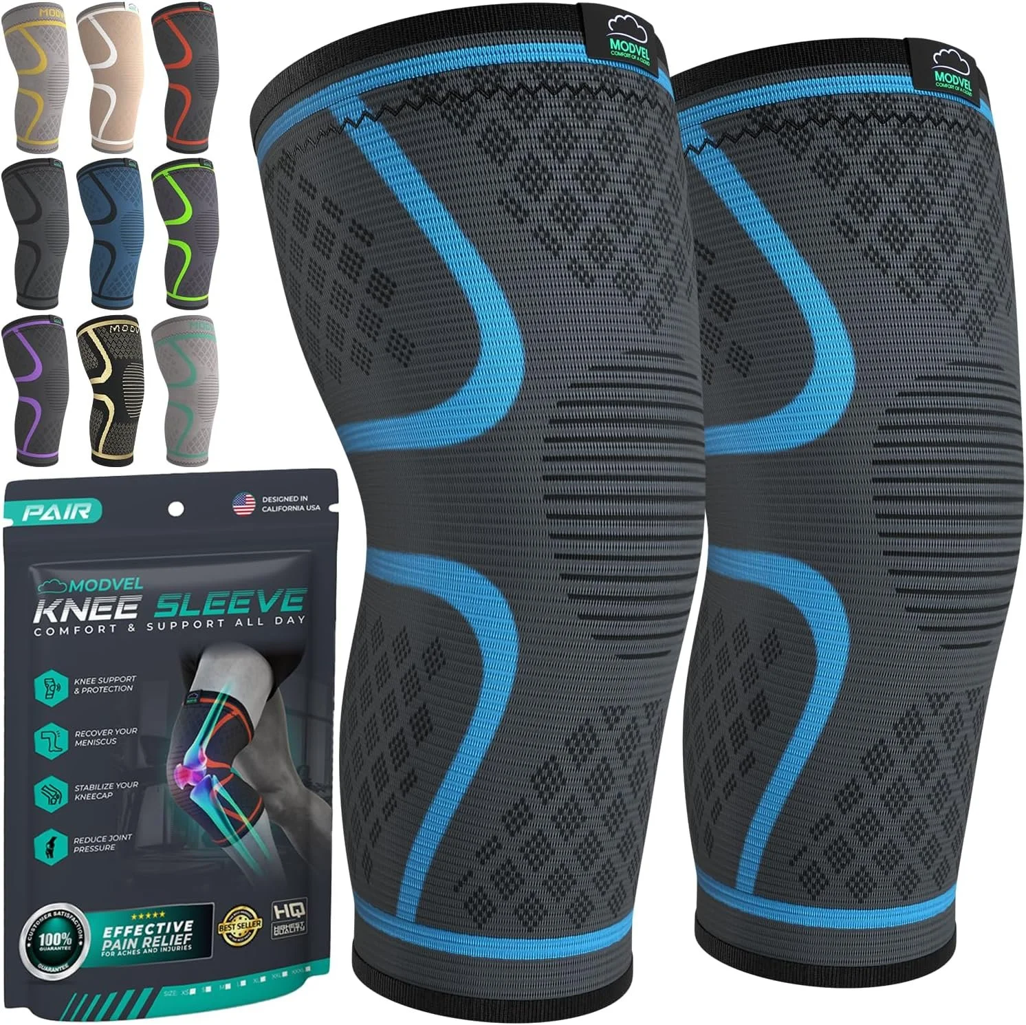 Pair of black knee sleeves with blue accents and geometric patterns, and multiple colored compression knee sleeves in yellow, beige, black, gray, blue, green, purple, black and gold, and gray with teal, all designed for support and pain relief.