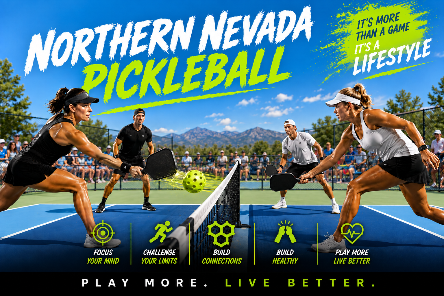 A promotional image for Northern Nevada Pickleball featuring four players on a pickleball court, with mountains and an audience in the background. Text highlights include "It's more than a game, it's a lifestyle," and icons with motivational phrases such as "Focus your mind," "Challenge your limits," "Build connections," "Build healthy," and "Play more live better."