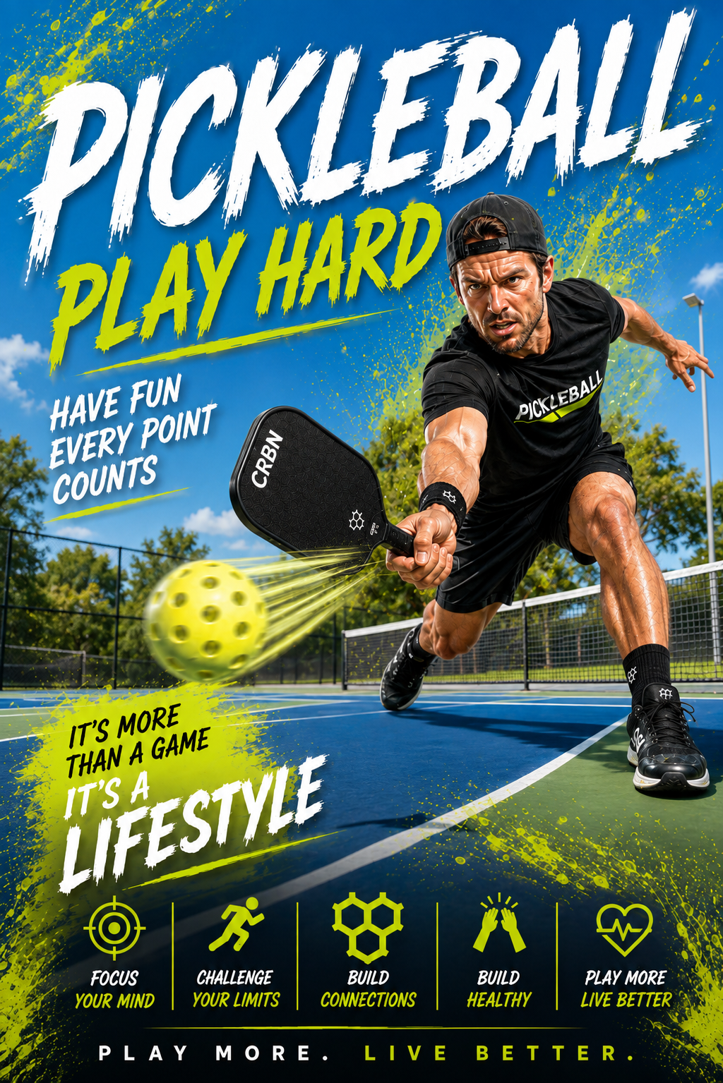 A man playing pickleball on an outdoor court, hitting a yellow perforated pickleball with a paddle. The background shows trees, a blue sky with clouds, and a fence.