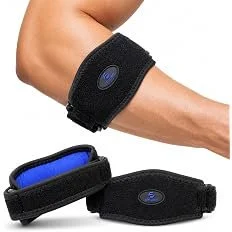 An arm wearing a black adjustable elbow brace with a blue interior cap, and a separate black strap with a blue interior, both designed for support.