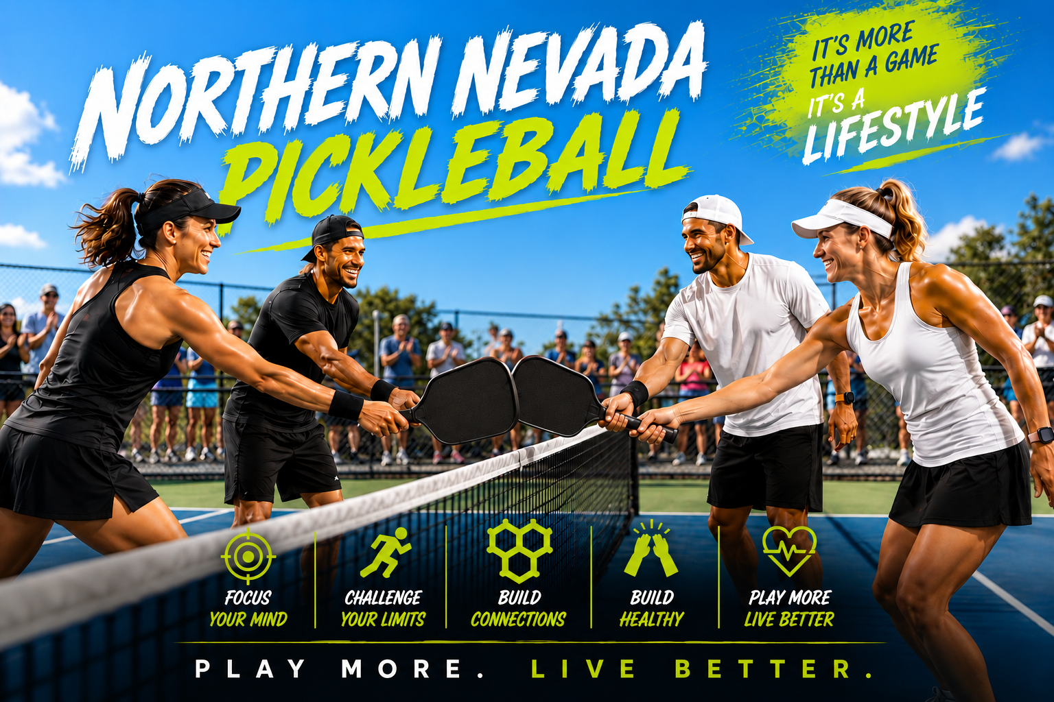 Group of four people playing pickleball on a court, smiling and exchanging paddle hits, with an audience watching behind a chain-link fence, bright day with blue sky and clouds.
