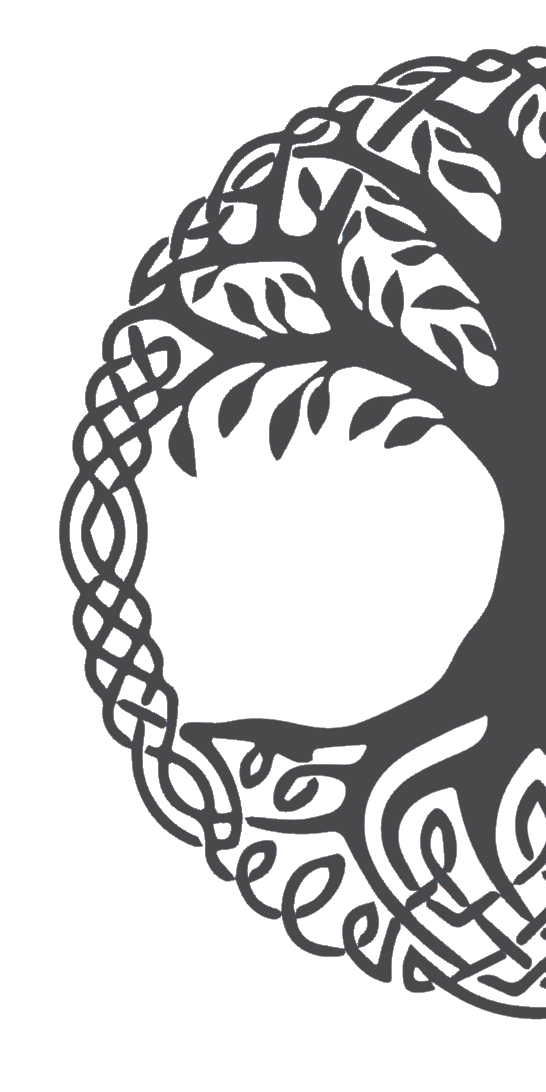 A stylized, black and gray illustration of a tree with sprawling branches and roots, forming a circular shape with a hollow center.