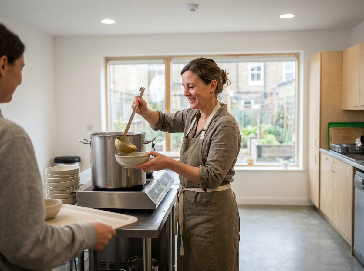 A woman serving soup into a bowl in a kitchen, smiling, with another person holding a tray of bowls nearby.