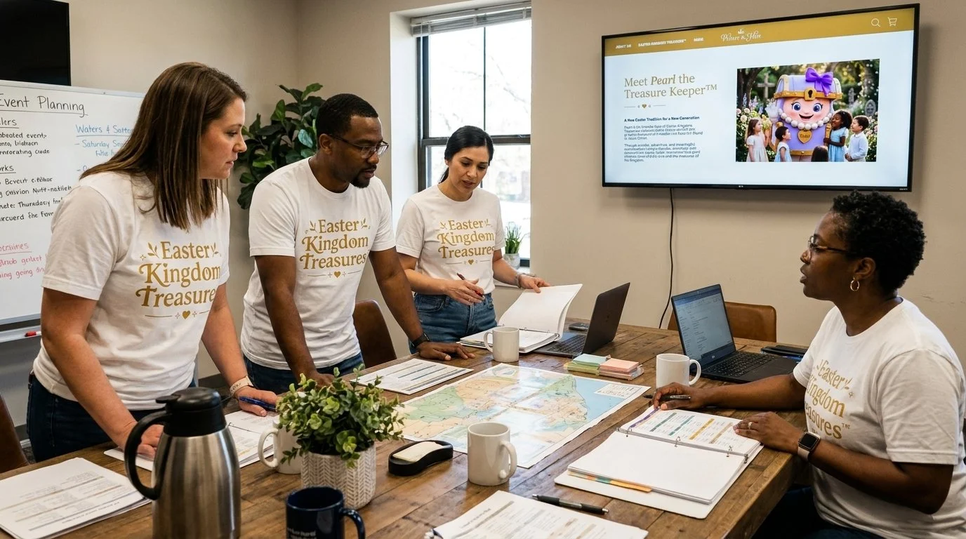 Four people wearing 'Easter Kingdom Treasures' t-shirts in a meeting room, looking at documents and a map on the table. One person is sitting, and three are standing, with laptops and coffee mugs in front. A large screen displays a website, and a whiteboard is visible in the background.