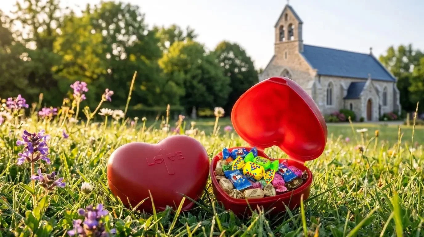 A red heart-shaped box with the word 'LOVE' on it and a lid open revealing colorful candies inside, placed on grass with purple flowers, with a church in the background.
