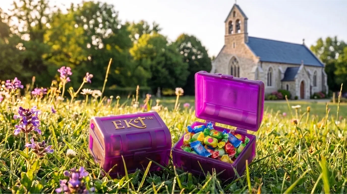 A purple plastic container labeled "Ekt" placed on grass, filled with colorful candies, with a church in the background during daylight.