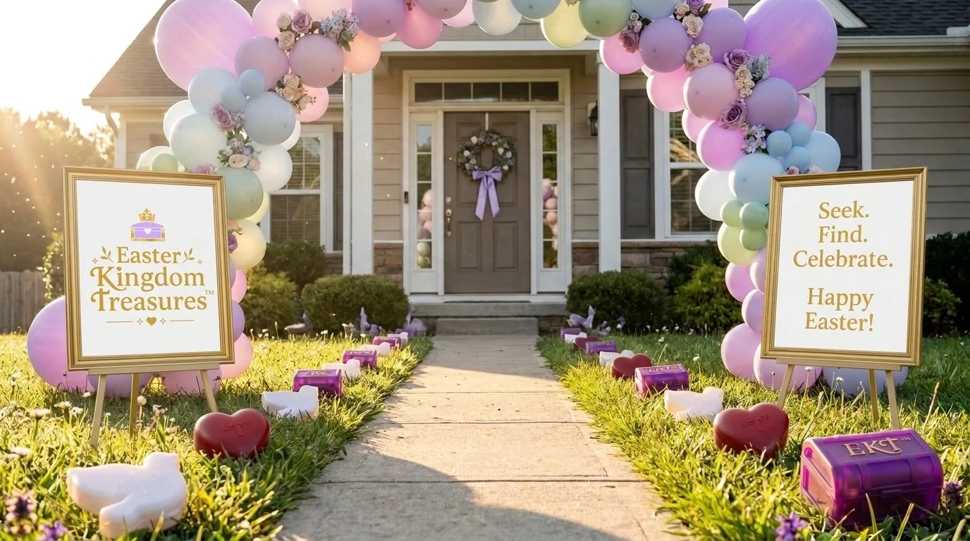 Decorative Easter display outside a house with a balloon arch in pastel colors, signs reading 'Easter Kingdom Treasures' and 'Seek. Find. Celebrate. Happy Easter!', and small bunny and heart shaped boxes along a walkway leading to a front door.