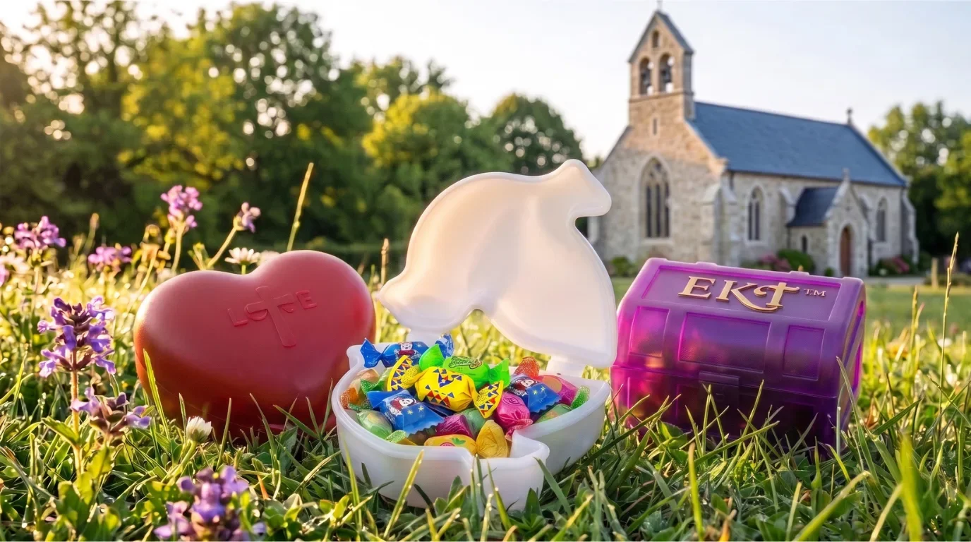 A pink heart-shaped candy, a white horse-shaped candy, a purple container labeled 'EKST,' and a bowl of assorted colorful candies are arranged on grass with purple flowers. A church with stone walls and a steeple is in the background on a sunny day.