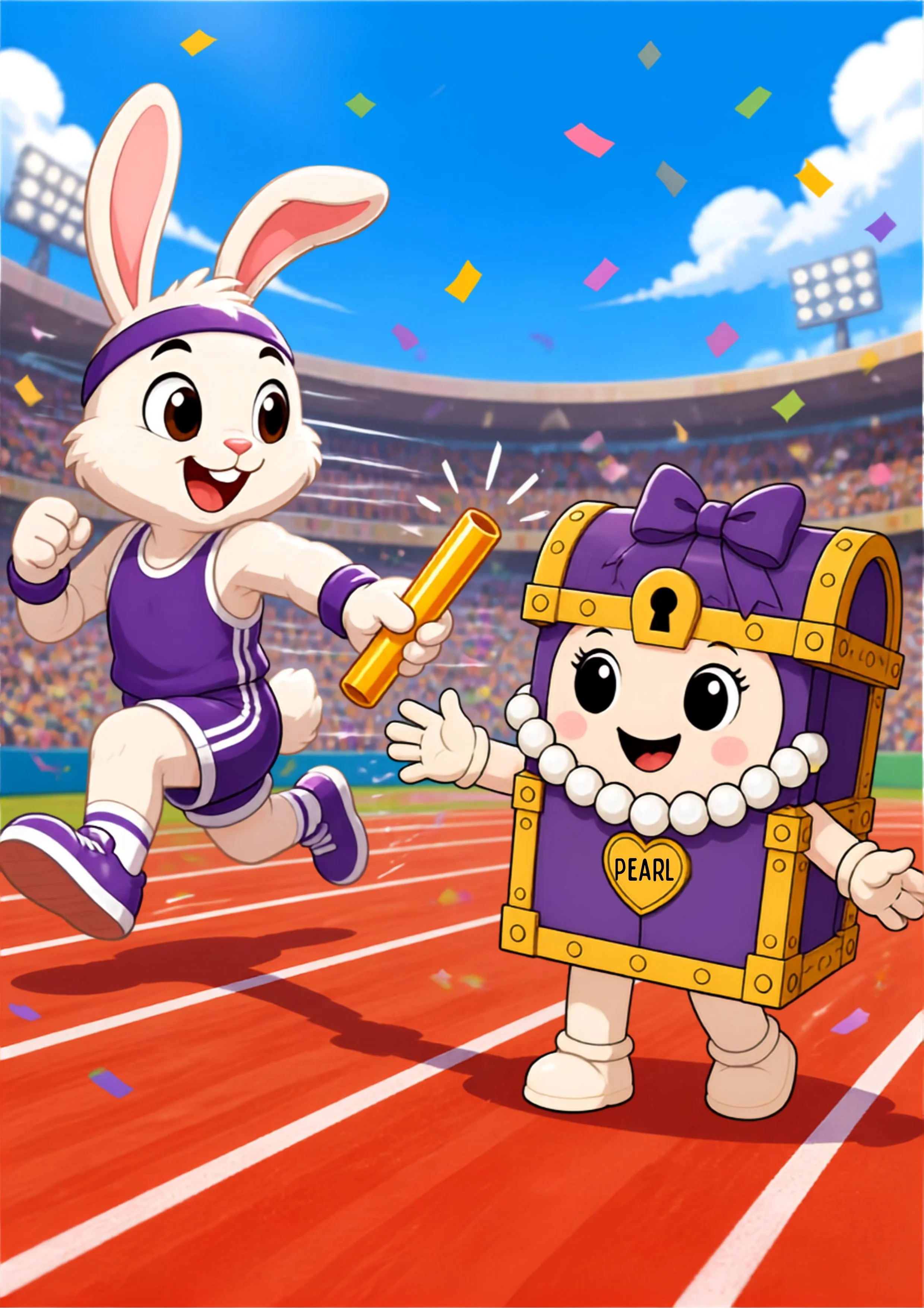 Pearl Running Relay Race With Bunny Handing Her Baton