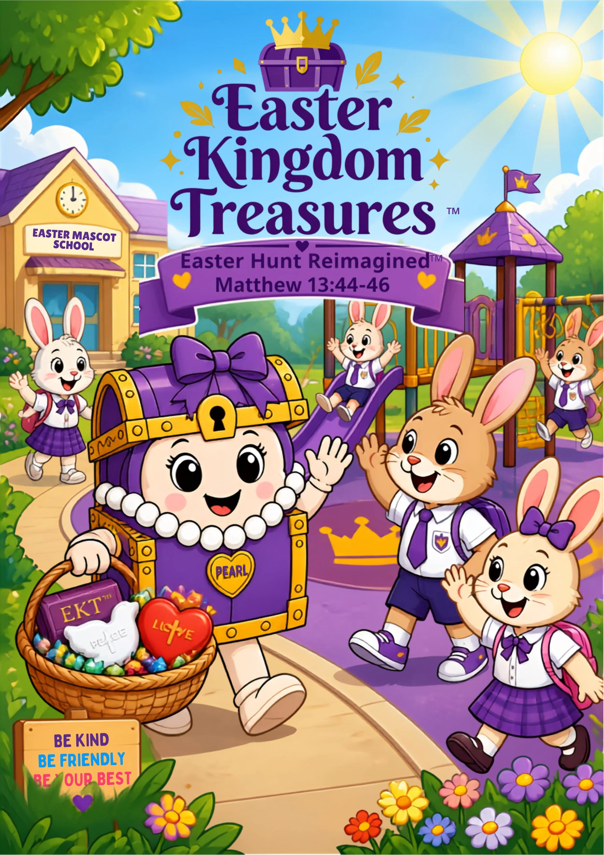 Pearl™ Walking onto The Playground with Bunnies already Present. SHe's holding basket of Easter Kingdom Treasures. Not Easter eggs