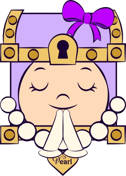 Cartoon character with a purple treasure chest on head, a purple bow, closed eyes, and hands pressed together in prayer or greeting.
"Pearl the Treasure Keeper mascot greeting children at an
Easter Kingdom Treasures