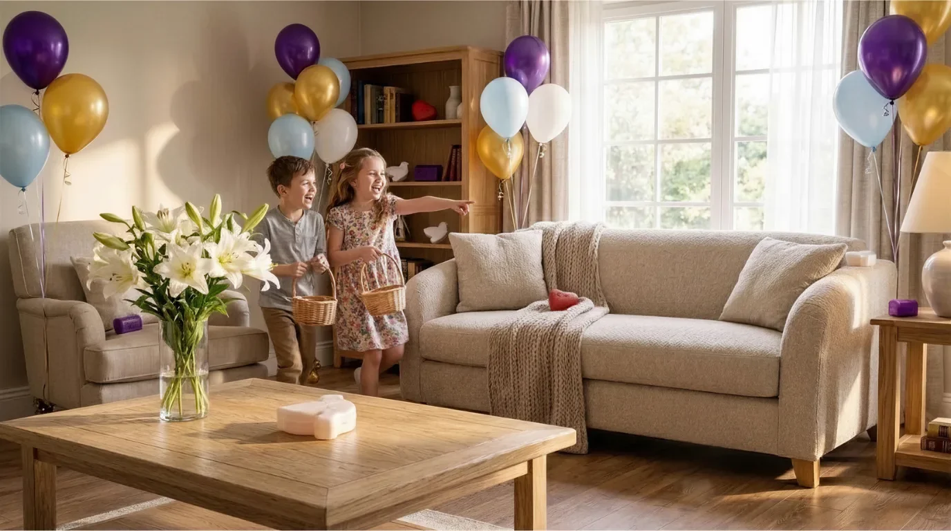 Two children, a boy and a girl, are celebrating in a living room decorated with balloons and holding small baskets. The girl is pointing excitedly, and both are smiling. The room has a beige sofa, a wooden coffee table with a vase of white lilies, and large windows letting in natural light.