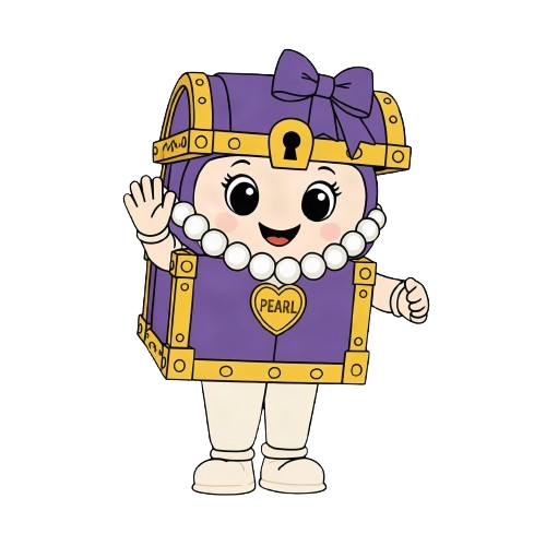 Cartoon girl dressed as a treasure chest with a purple bow and pearl necklace, waving.