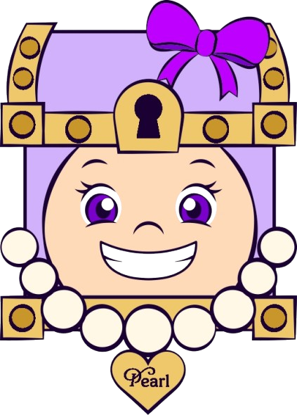 Cartoon character with purple eyes, a big smile, and a purple bow on a treasure chest with a keyhole. The chest has a pearl necklace around it and a heart-shaped pendant that says 'Pearl'.
"Pearl the Treasure Keeper