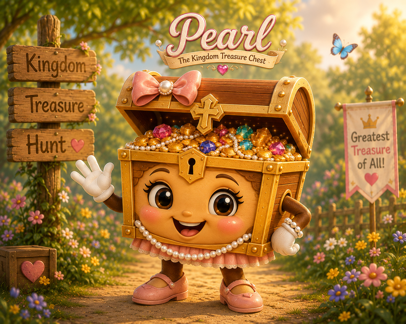 Cartoon character with a treasure chest for a head, filled with gold coins, gems, and pearls, standing on a dirt path surrounded by flowers.