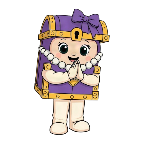 Cartoon girl dressed as a treasure chest, with her hands together in a praying gesture, wearing a purple bow and necklace, smiling. pearl-the-treasure-keeper-mascot.webp