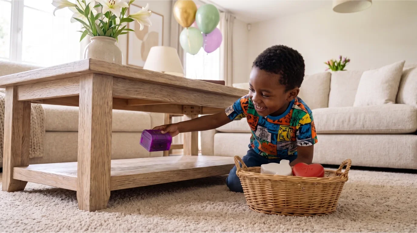 A young boy playing under a wooden coffee table in a living room, holding a purple toy. There is a basket of toys nearby and balloons hanging in the background, with a vase of flowers on the table.