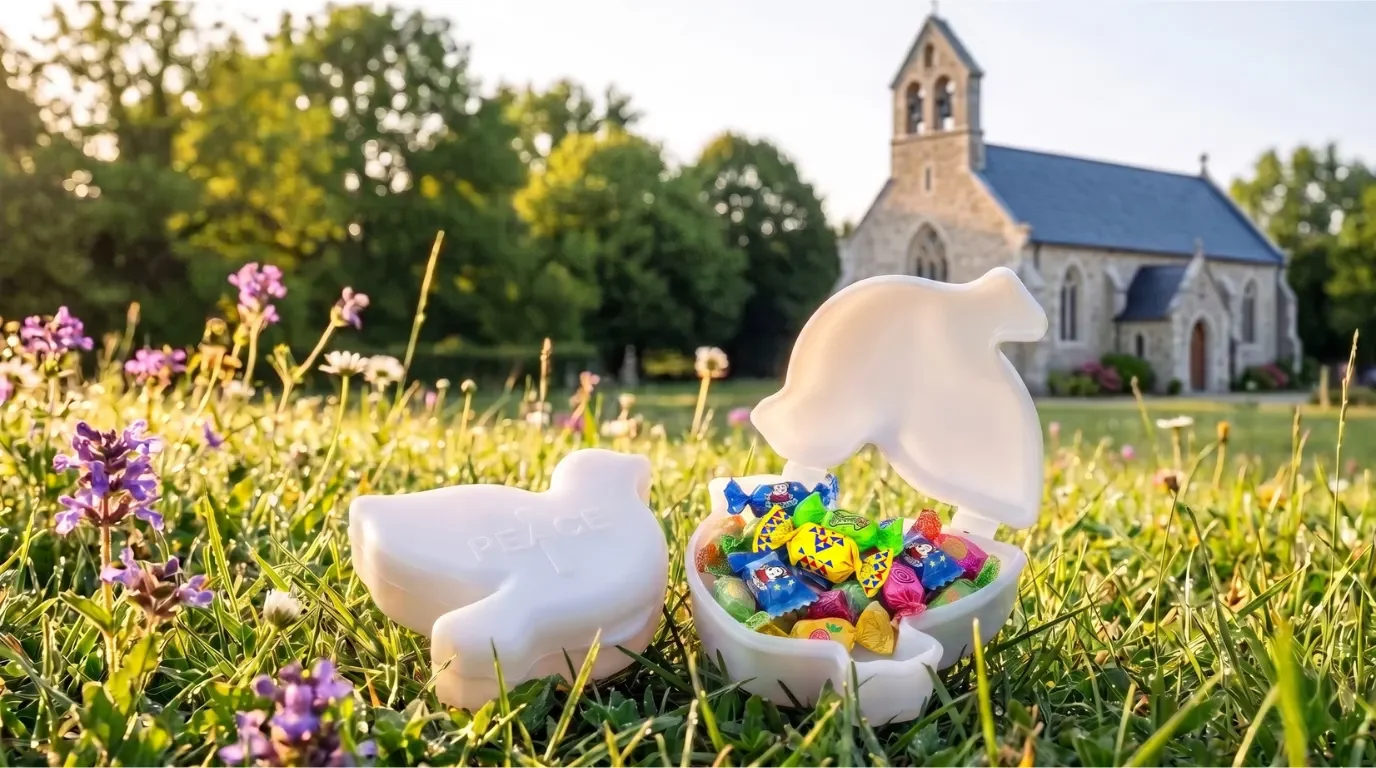 Easter egg-shaped containers with candies in front of a church and green trees, during sunset.