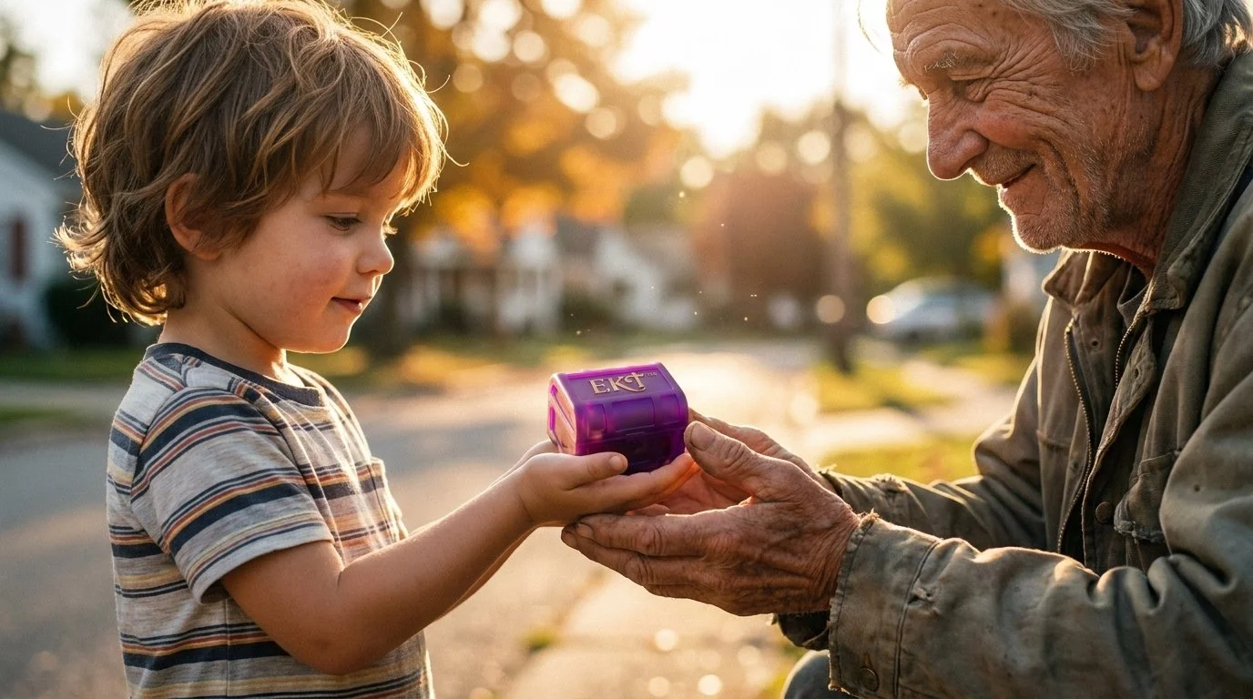 A young boy and an elderly man exchange a small purple gift box outdoors during sunset. The boy is smiling and holding the box, while the man is smiling and accepting it with both hands. The background shows a blurred neighborhood street with trees and houses.