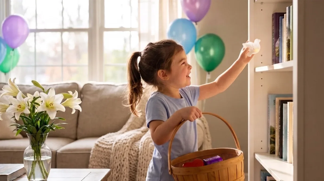A young girl celebrating a birthday, placing a gift on a bookshelf in a living room decorated with colorful balloons, with a bouquet of white lilies on a table nearby.