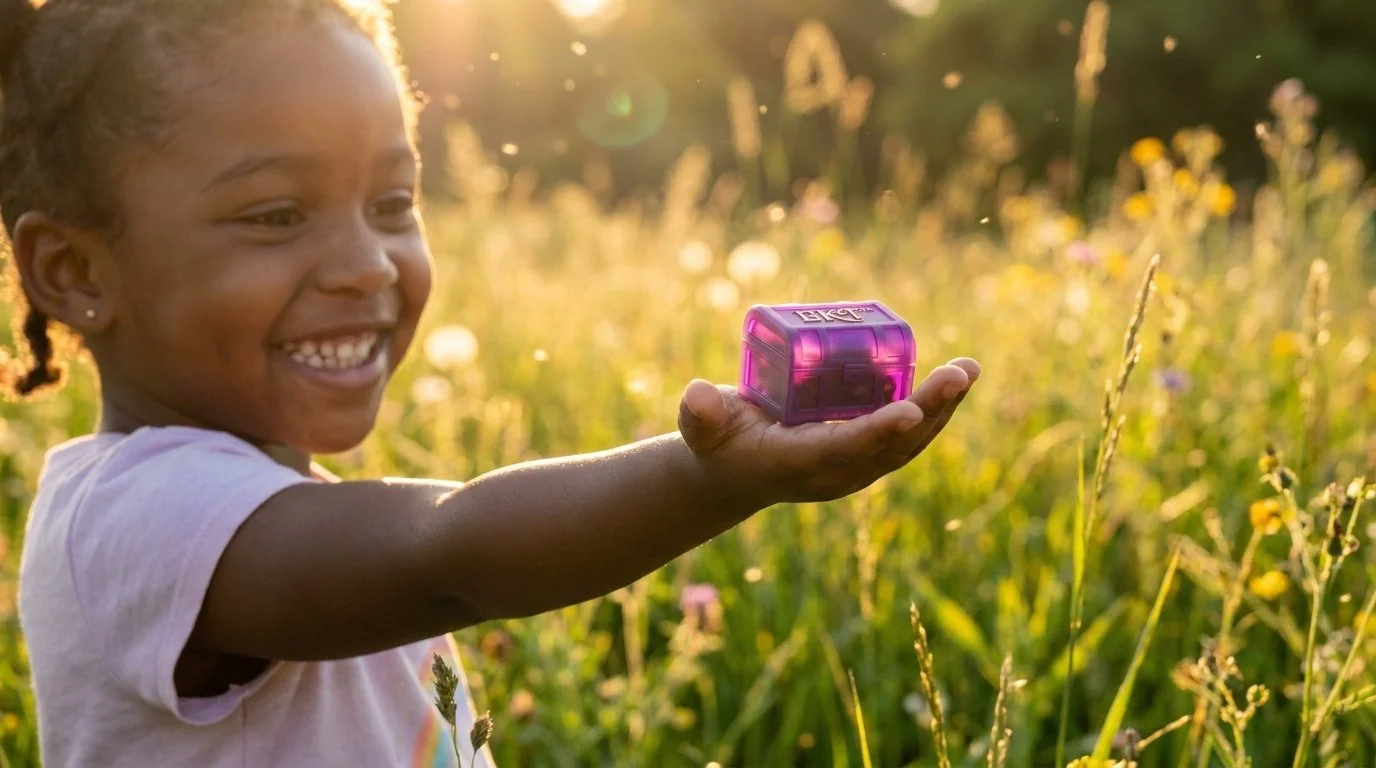 A young girl smiling in a field of wildflowers during sunset, holding a purple butterfly-shaped toy in her outstretched hand.