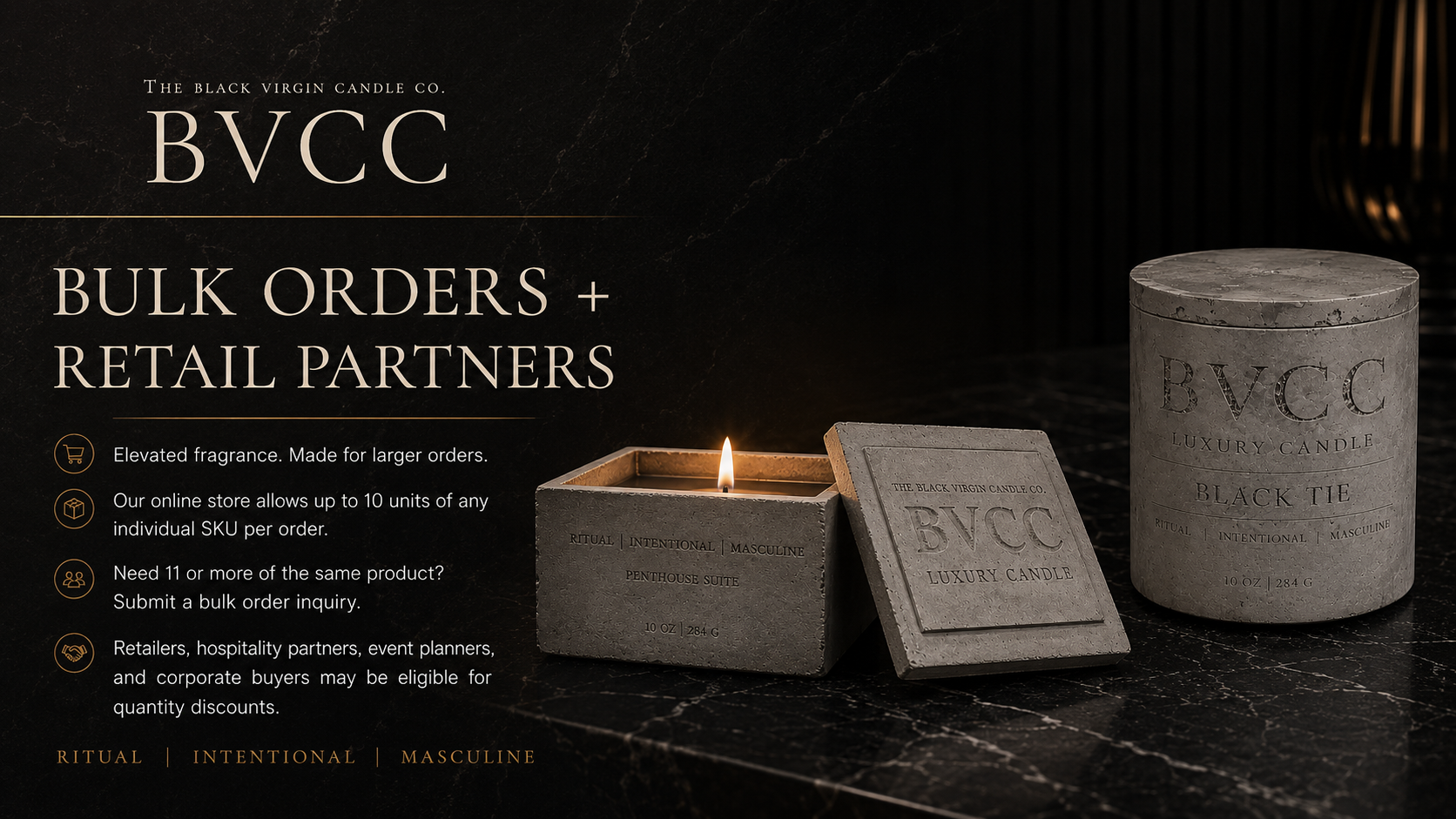 An advertisement for The Black Virgin Candle Company featuring black and gray concrete candles and containers with gold text and accents. The text mentions bulk orders and retail partners, highlighting fragrance, SKU limits, and discounts for large purchases.
