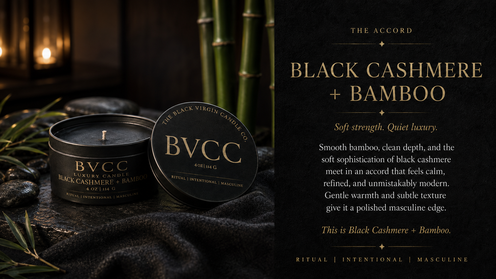 A black candle tin labeled 'Black Cashmere + Bamboo' by The Black Virgin Candle Co. placed on black stones with bamboo stalks in the background. The right side features text about the candle's scent and qualities on a black textured background.