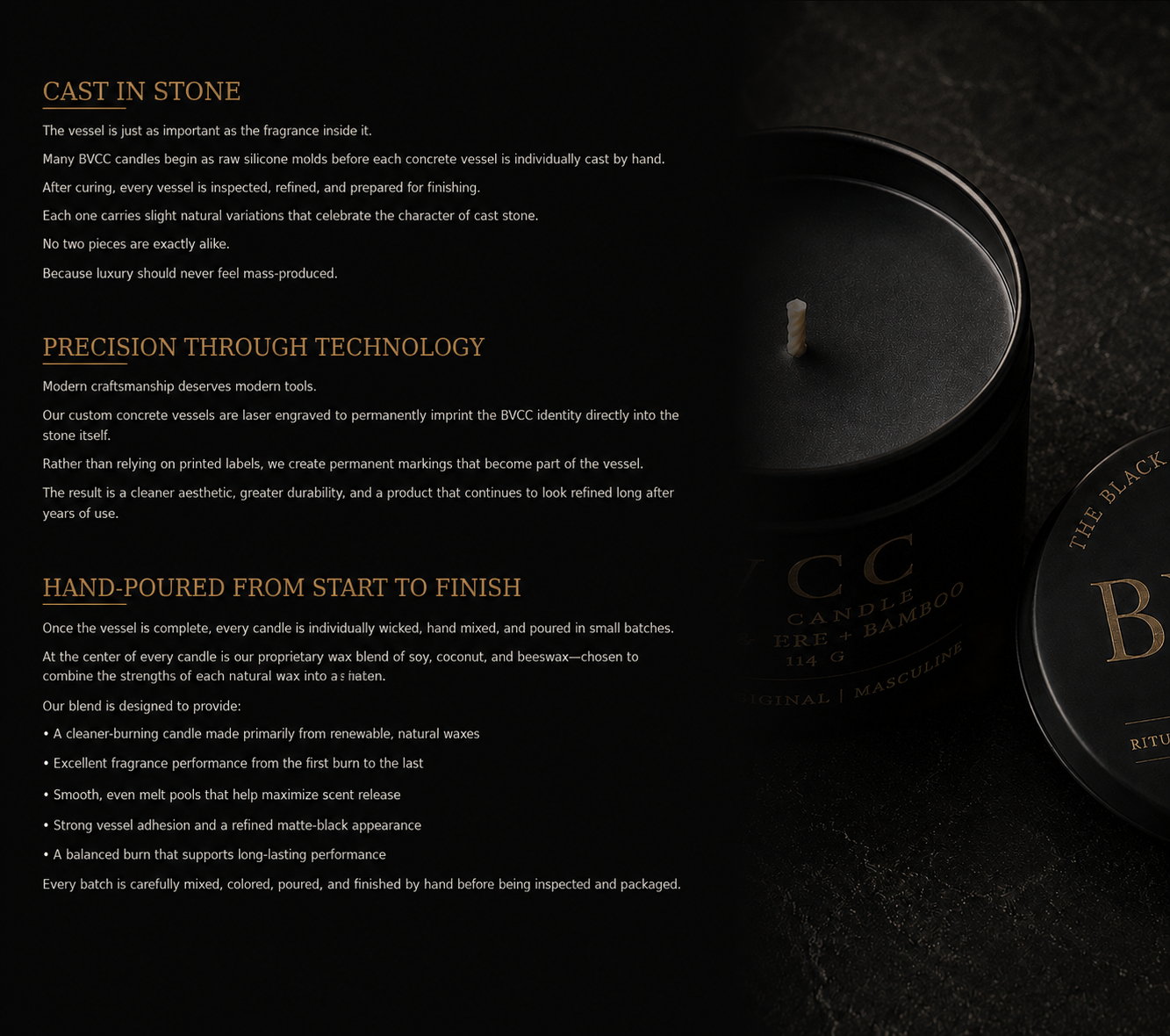 Close-up of black candle container and candles with gold text, documents describing the candle making process, and a candle with a wick, on a dark textured surface.