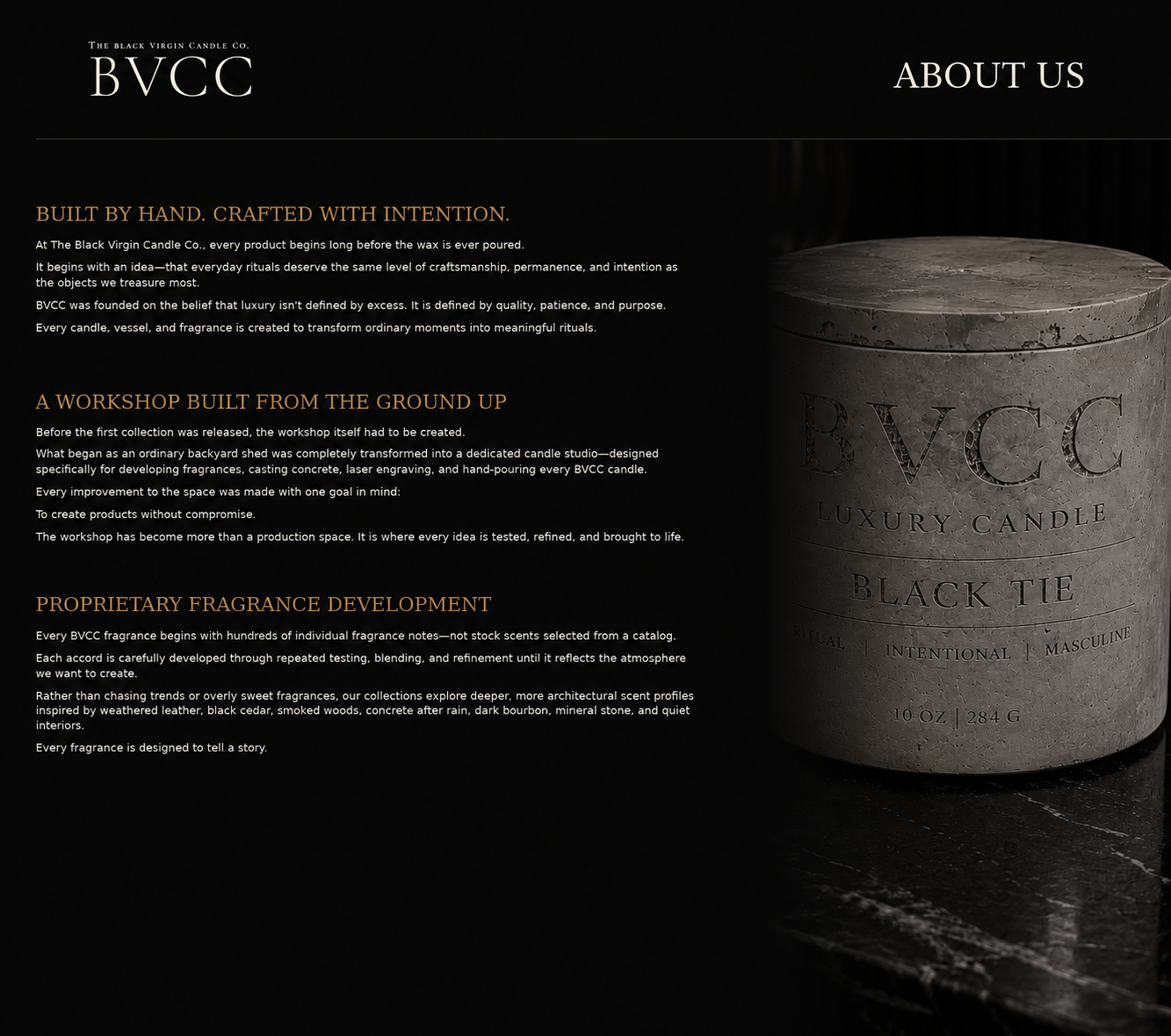 Website homepage for The Black Virgin Candle Co., featuring a black and white design with a candle container on the right and text about the company's handcrafted, proprietary fragrances and craftsmanship on the left.